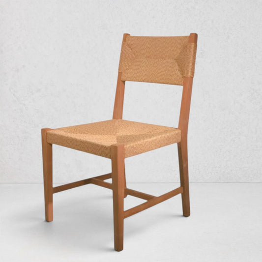 Megan Woven Dining Chair: natural cord seat and back on a solid reclaimed teak frame.