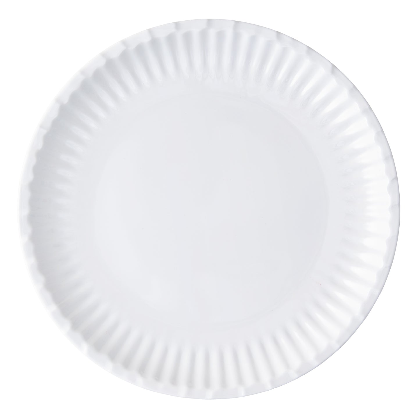 White 10.5" Melamine Street Eats dinner plate with a crimped edge, resembling a paper plate.