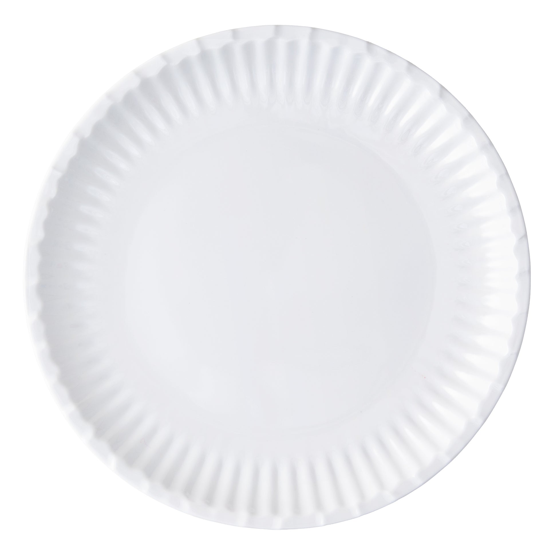 White 10.5" Melamine Street Eats dinner plate with a crimped edge, resembling a paper plate.