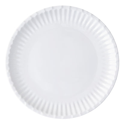 White 10.5" Melamine Street Eats dinner plate with a crimped edge, resembling a paper plate.