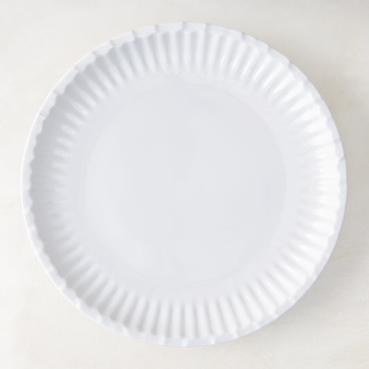 White 10.5" Melamine Street Eats dinner plate with a fluted edge, mimicking a paper plate.
