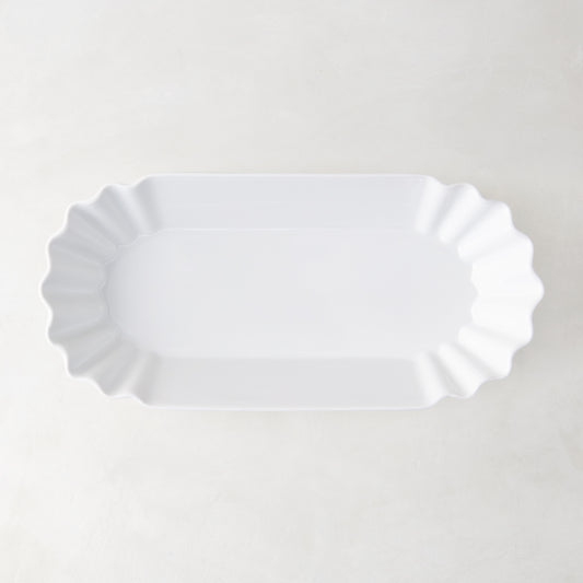 White Melamine Street Eats Hot Dog Holder, 9"L x 4"W, with scalloped edges.