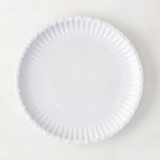 White 8.5" Melamine Street Eats Salad Plate with ribbed edge, mimicking a paper plate.