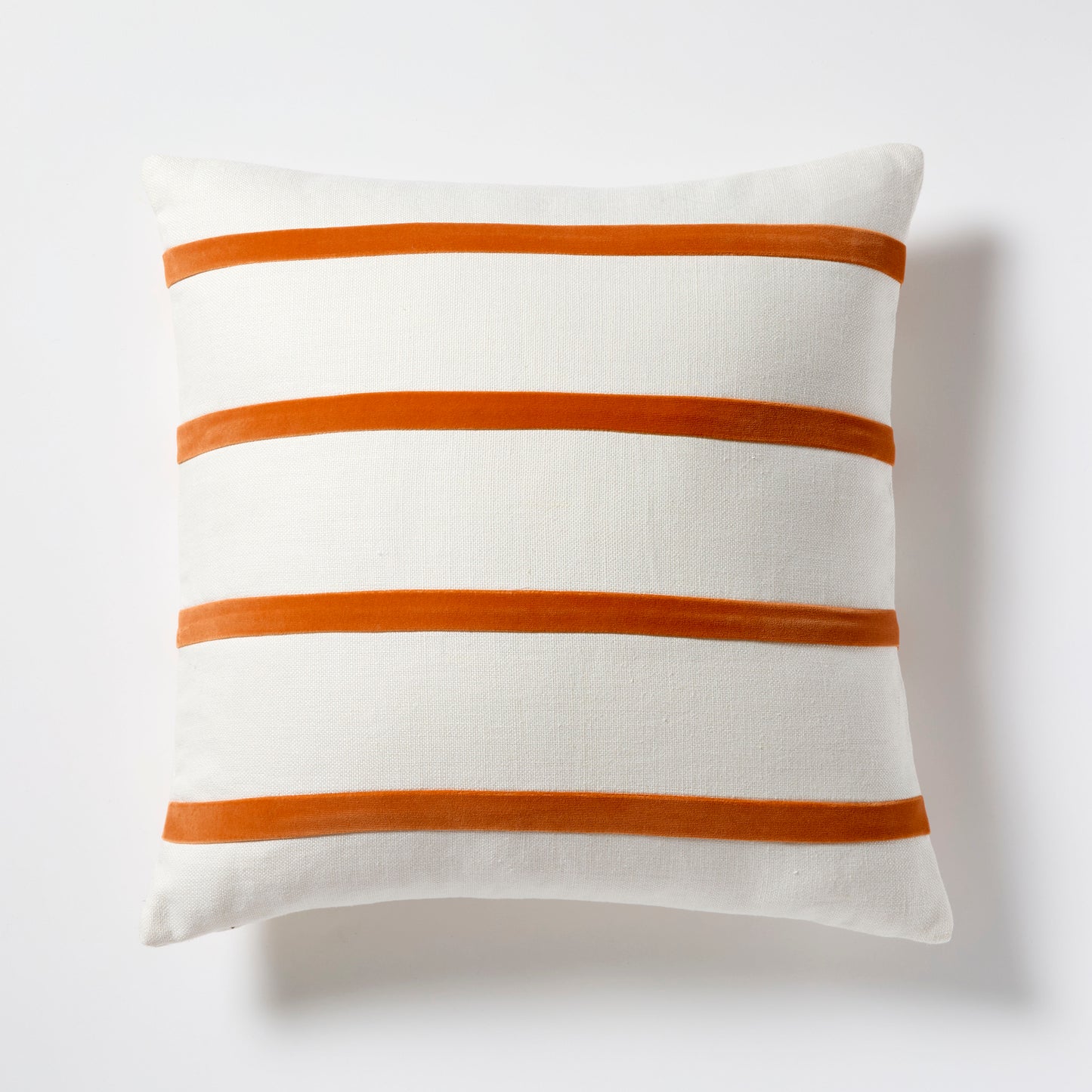 Melon Orange and Ivory Thin Velvet Stripe Pillow, 22" square, linen and velvet.