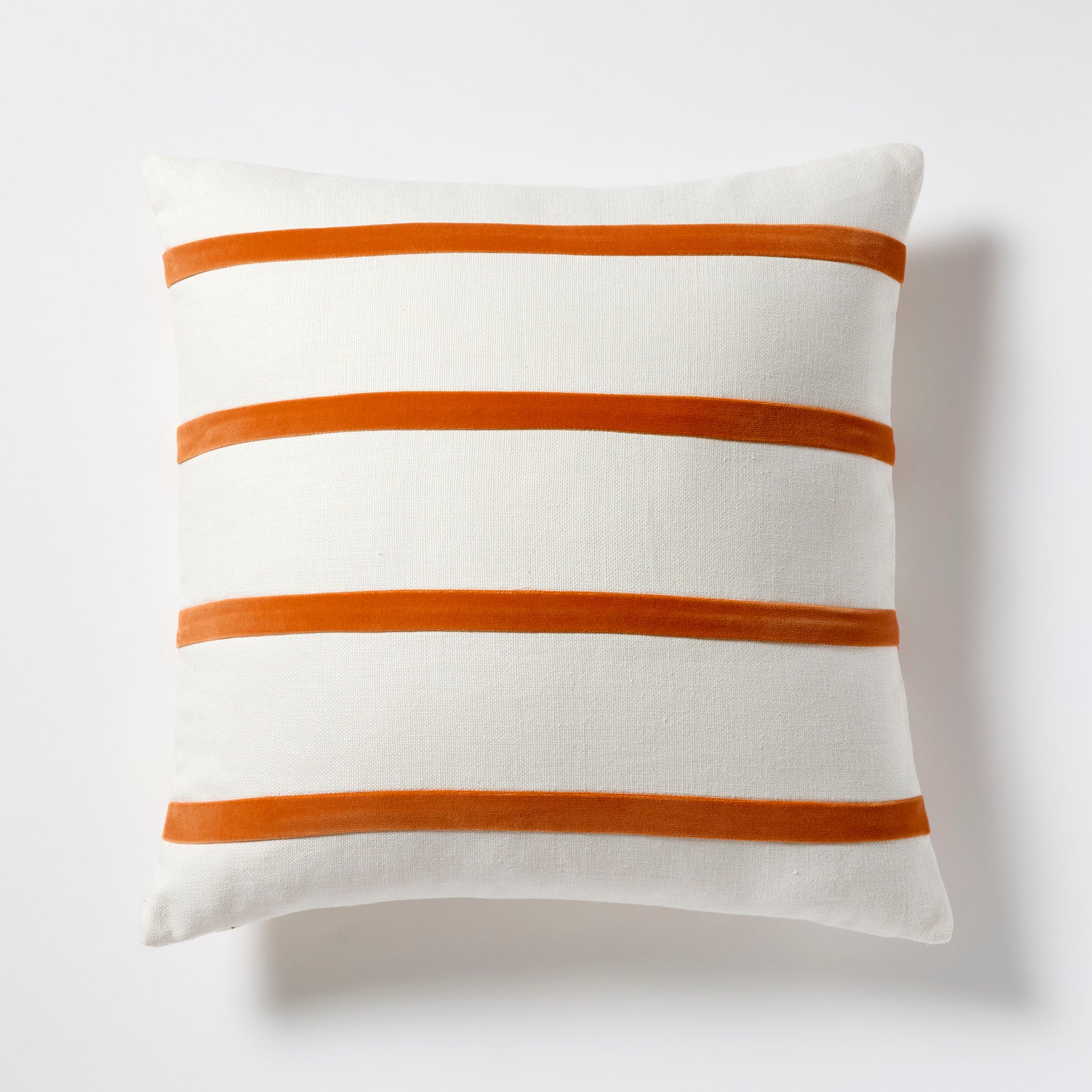 Melon Orange and Ivory Thin Velvet Stripe Pillow, 22" square, linen and velvet.