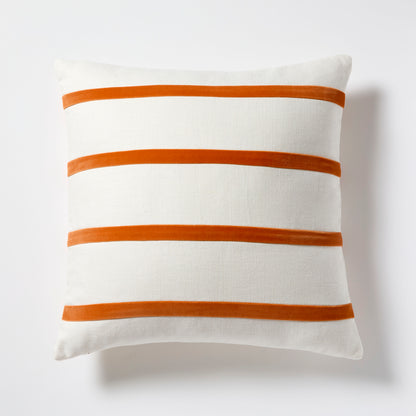 Melon Orange and Ivory Thin Velvet Stripe Pillow, 22" square, linen and velvet.