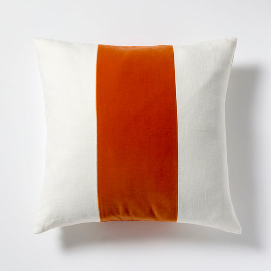 Melon Orange Wide Velvet and Linen Stripe Pillow, 22" square, cream linen with a vertical orange velvet stripe.