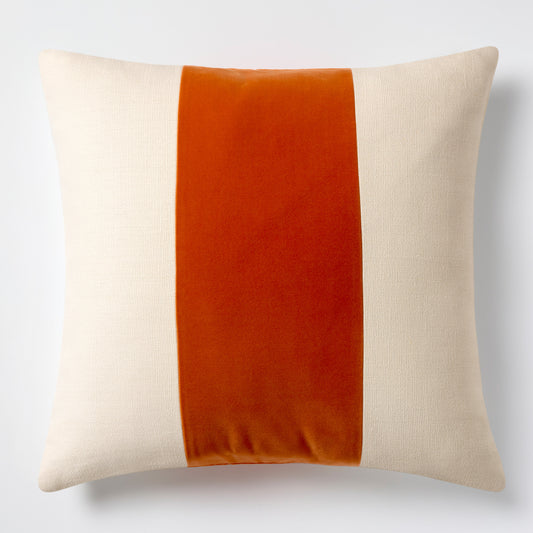 20x14 inch rectangular pillow with a wide melon orange velvet center stripe on cream Belgian linen with a subtle flange.