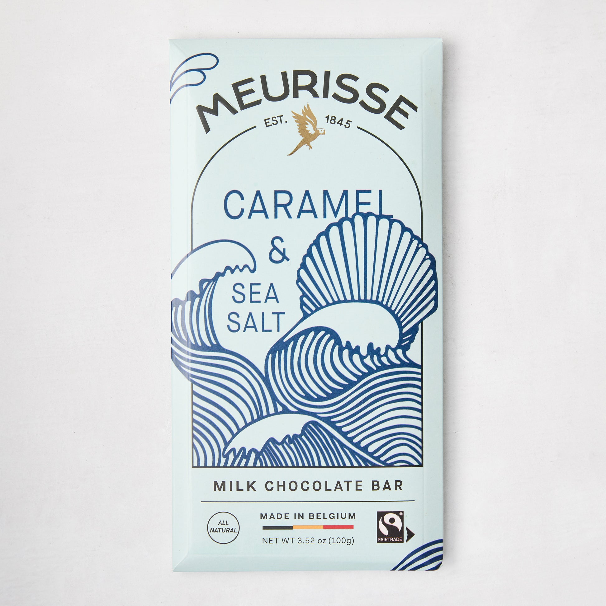 Light blue Meurisse Caramel & Sea Salt Milk Chocolate Bar with blue wave design and gold bird logo.