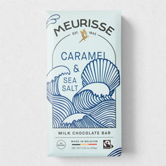 Light blue Meurisse Caramel & Sea Salt Milk Chocolate Bar with blue wave design and gold bird logo.