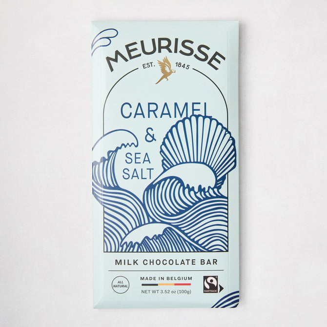 Light blue Meurisse Caramel & Sea Salt Milk Chocolate Bar with blue wave design and gold bird logo.