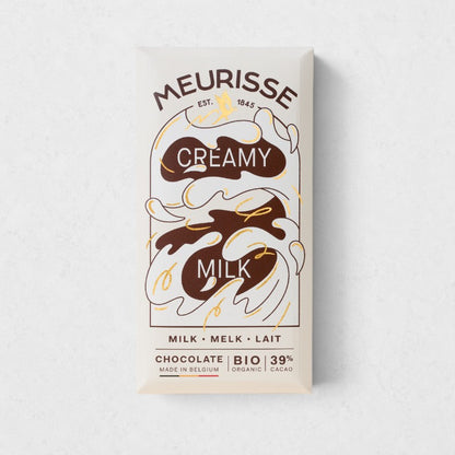 Meurisse Creamy Milk Chocolate Bar, white packaging with brown and gold wavy design.