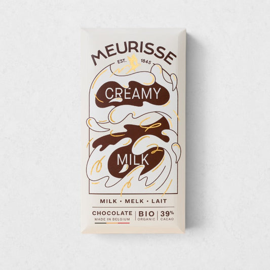 Meurisse Creamy Milk Chocolate Bar, white packaging with brown and gold wavy design.