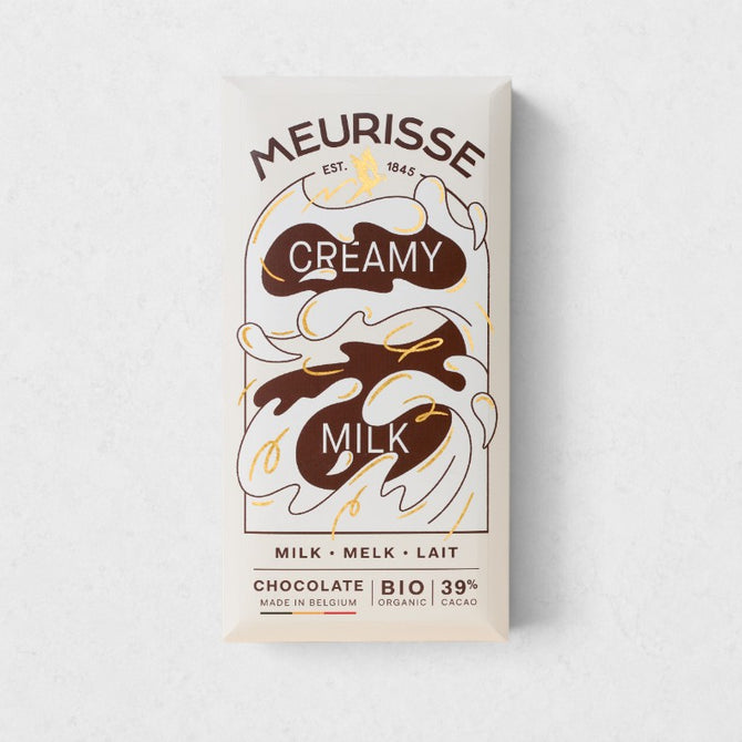 Meurisse Creamy Milk Chocolate Bar, white packaging with brown and gold wavy design.