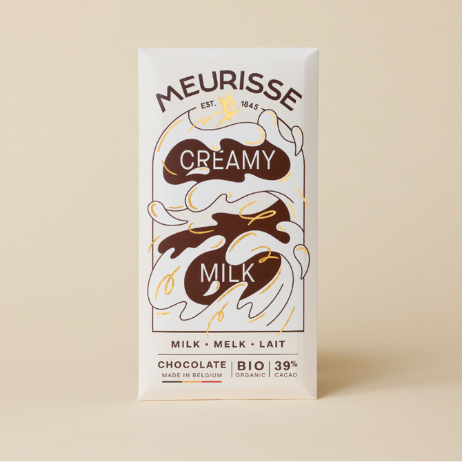 Meurisse Creamy Milk Chocolate Bar, white packaging with brown and gold wavy design.