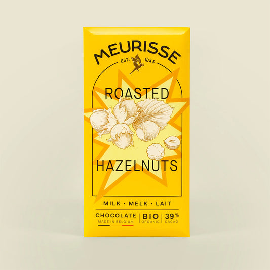 Meurisse Roasted Hazelnuts Milk Chocolate bar in bright yellow packaging with hazelnut illustration.