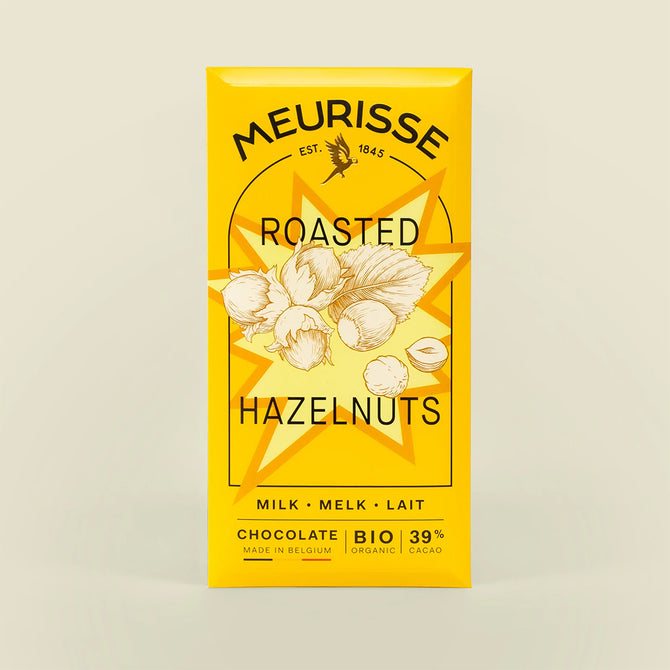 Meurisse Roasted Hazelnuts Milk Chocolate bar in bright yellow packaging with hazelnut illustration.