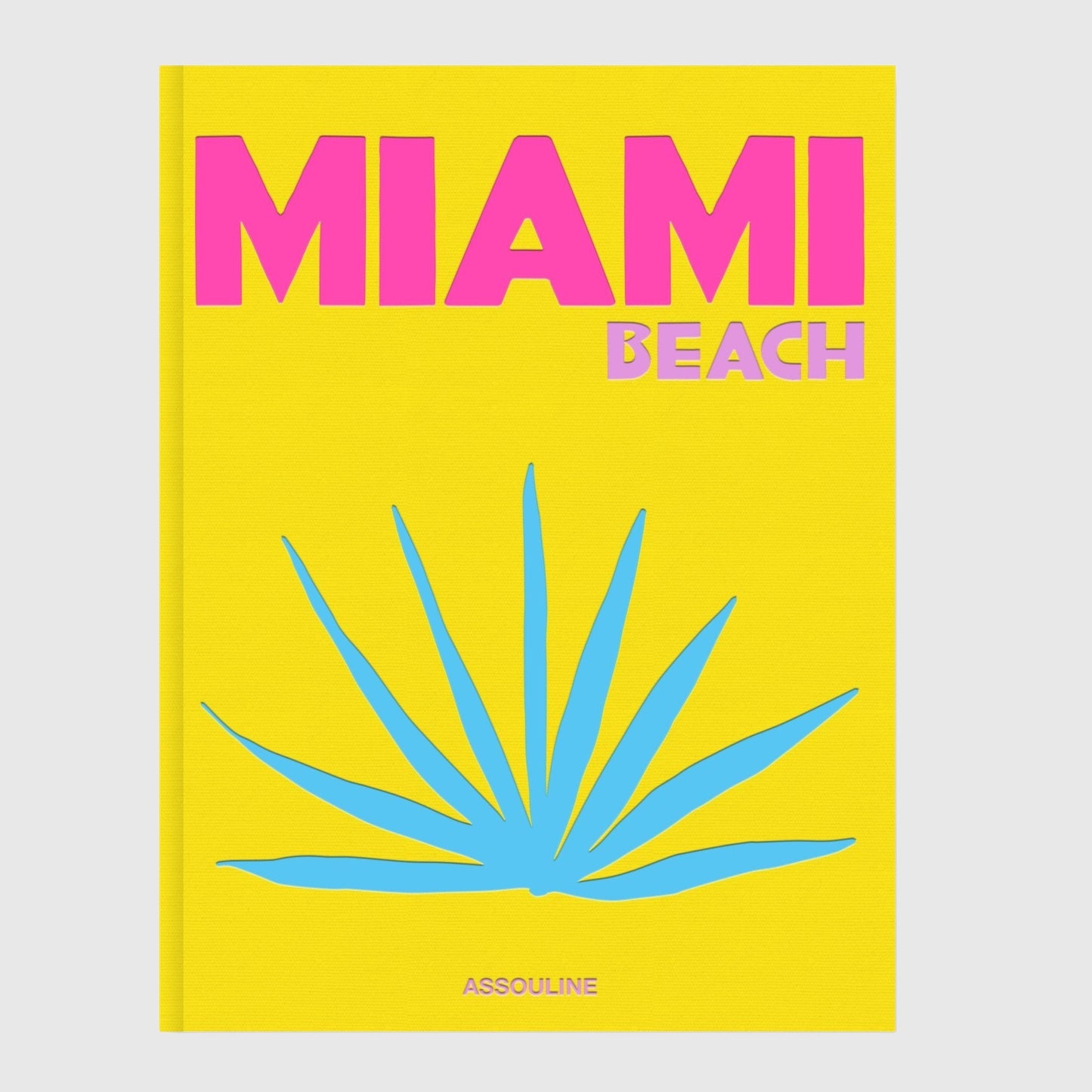Hudson Grace Miami Beach coffee table book with a bright yellow cover, pink text, and blue palm leaf illustration.