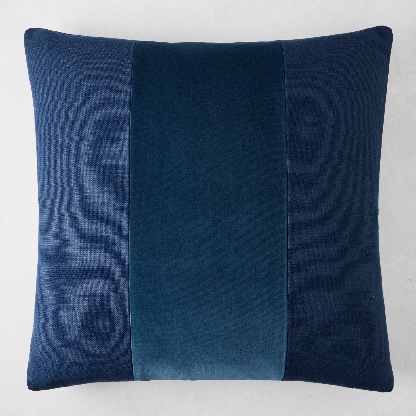 Midnight blue tonal wide velvet stripe and linen pillow, 22" square.