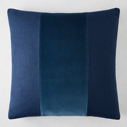 Midnight blue tonal wide velvet stripe and linen pillow, 22" square.