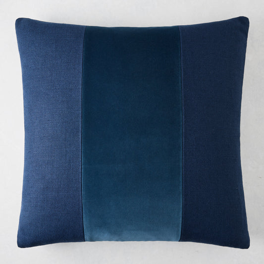 Midnight blue tonal wide velvet stripe and linen pillow, 22" square.