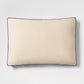 20x14 inch lumbar pillow in beige Belgian linen with midnight blue velvet gusset trim.