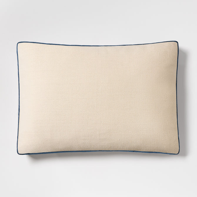 20x14 inch lumbar pillow in beige Belgian linen with midnight blue velvet gusset trim.