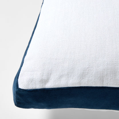 Midnight Blue Velvet Gusseted Square Pillow, white Belgian Linen and velvet, 22" square.