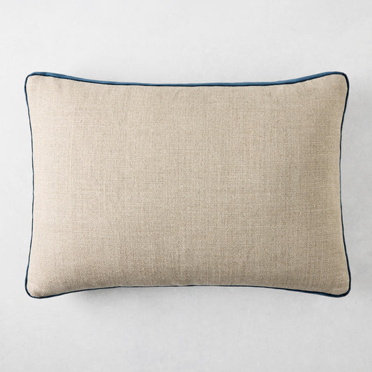 Linen lumbar pillow with midnight blue velvet gusset, 20"L x 14"H.