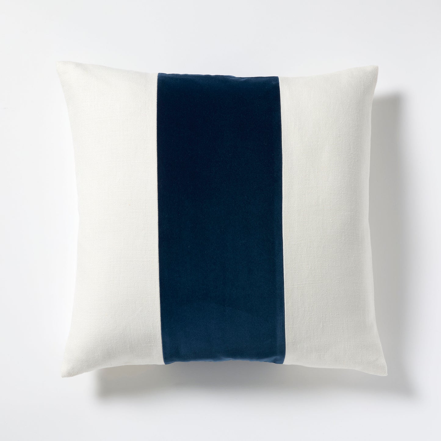 22" square Midnight Blue velvet and cream linen stripe pillow with hidden zipper.