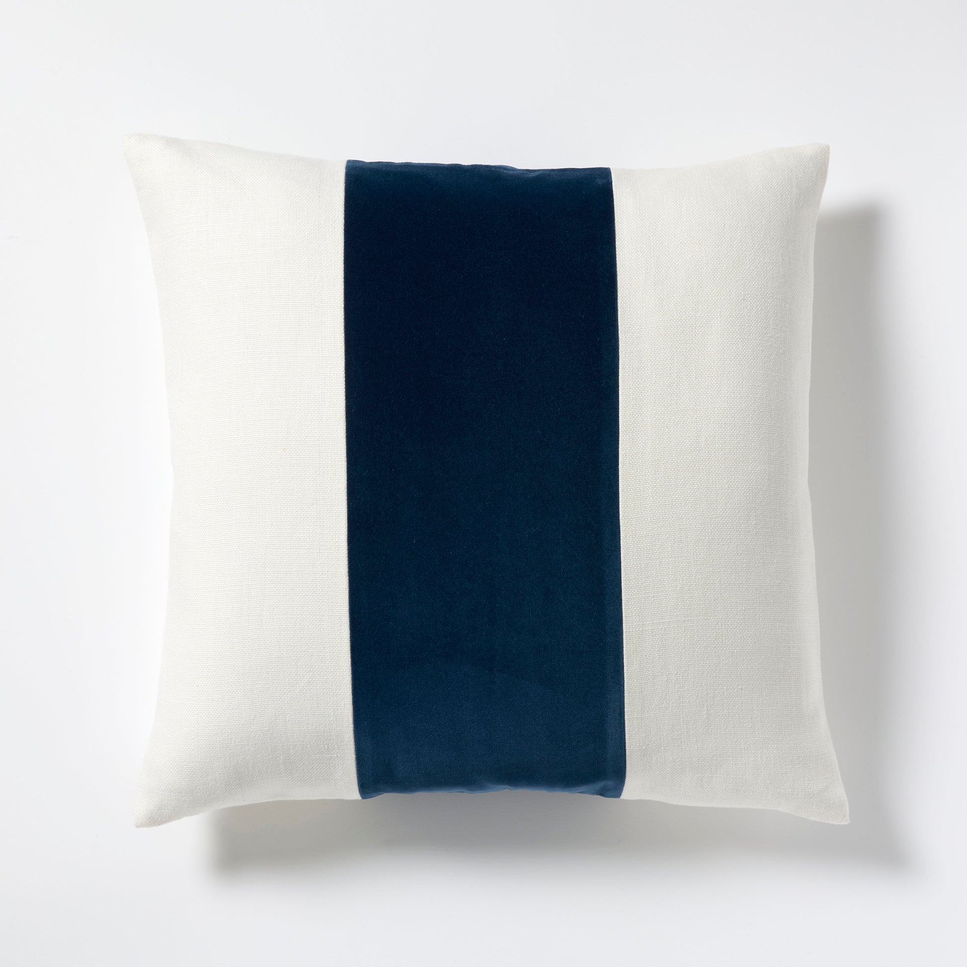 22" square Midnight Blue velvet and cream linen stripe pillow with hidden zipper.