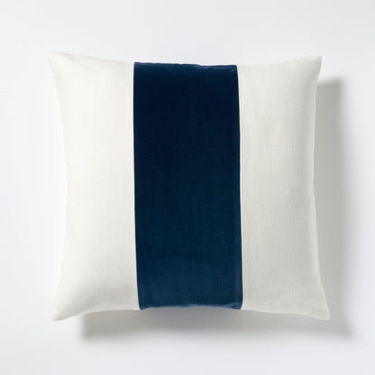 22" square Midnight Blue velvet and cream linen stripe pillow with hidden zipper.