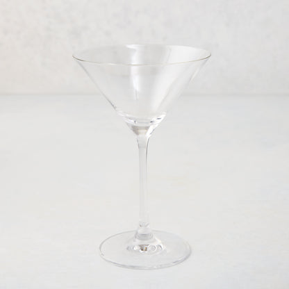 Clear glass Midtown Martini Glass, 8.5"H, 8oz, with wide brim and conical bowl.
