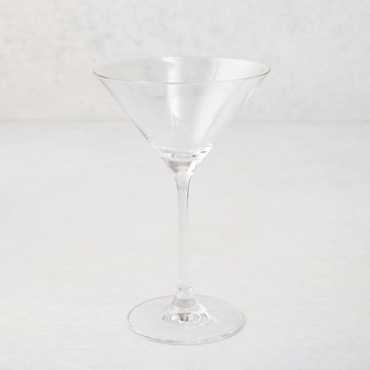 Clear glass Midtown Martini Glass, 8.5"H, 8oz, with wide brim and conical bowl.