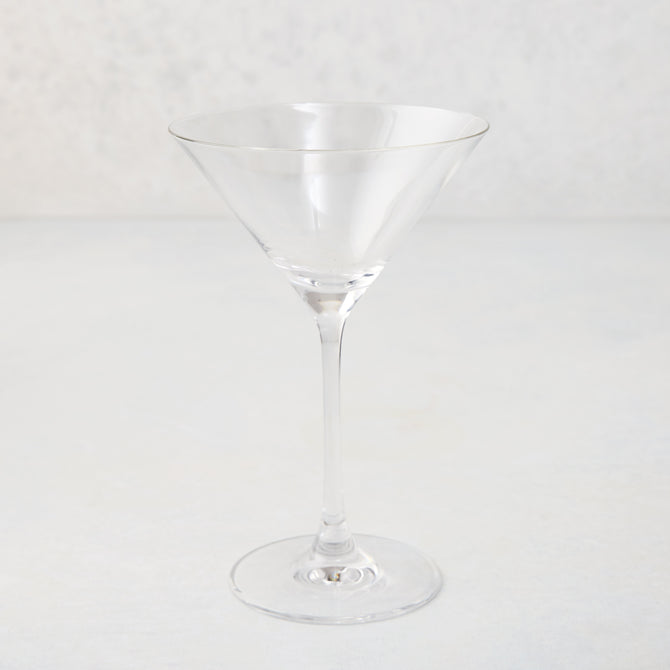 Clear glass Midtown Martini Glass, 8.5"H, 8oz, with wide brim and conical bowl.