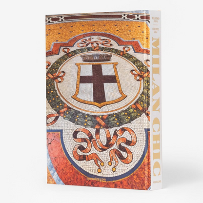 Milan Chic silk hardcover book with mosaic art featuring a brown cross and crown emblem.