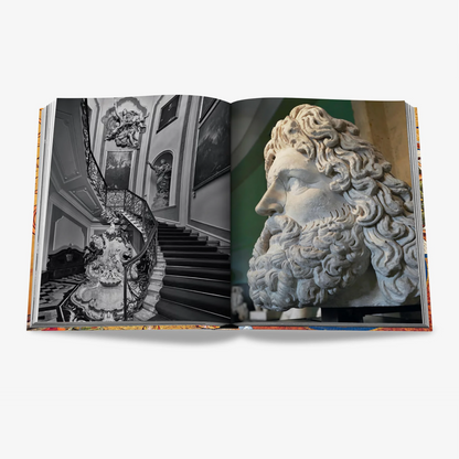 Open "Milan Chic" silk hardcover book displaying a black and white spiral staircase and a white marble bust.