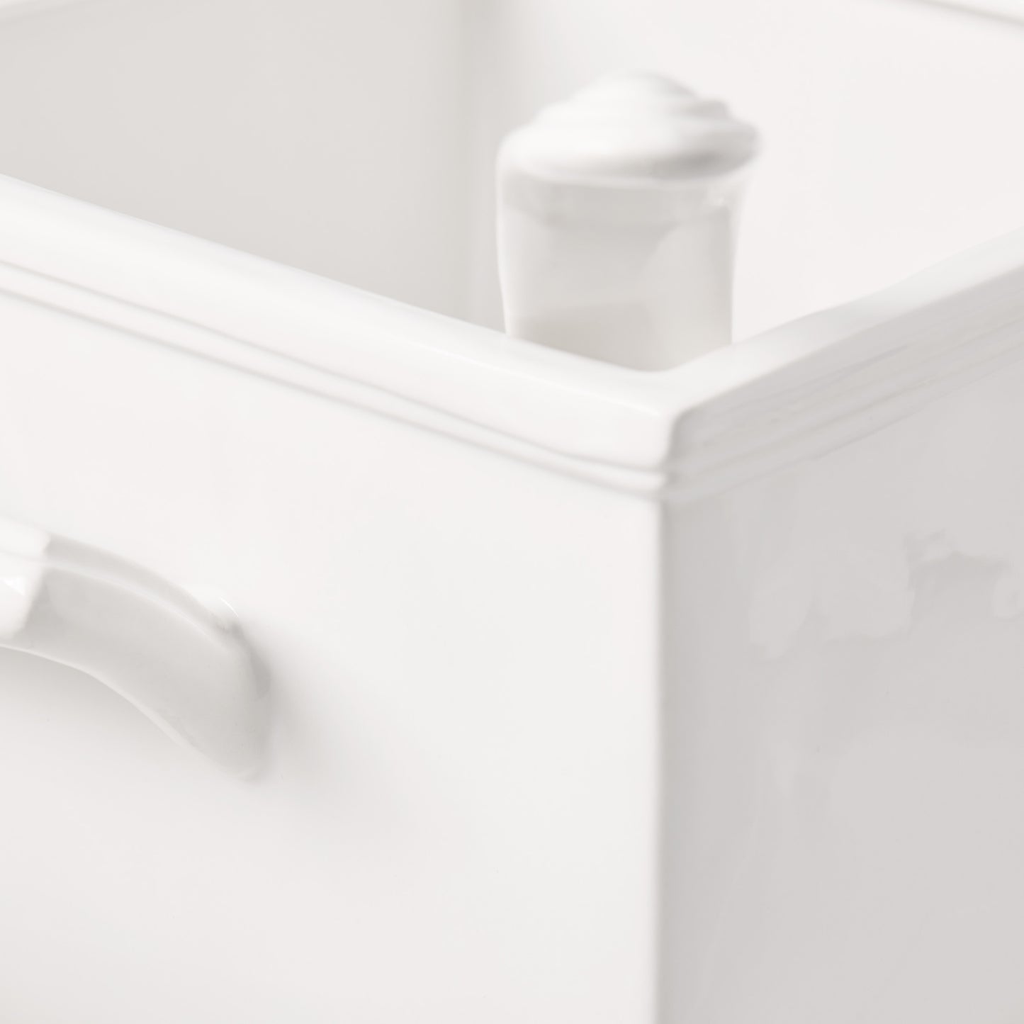 White Milano ceramic soup tureen with handles, 1-gallon capacity, from an antique 1930s mold.