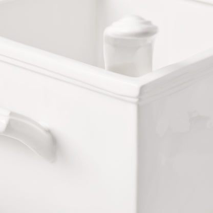 White Milano ceramic soup tureen with handles, 1-gallon capacity, from an antique 1930s mold.
