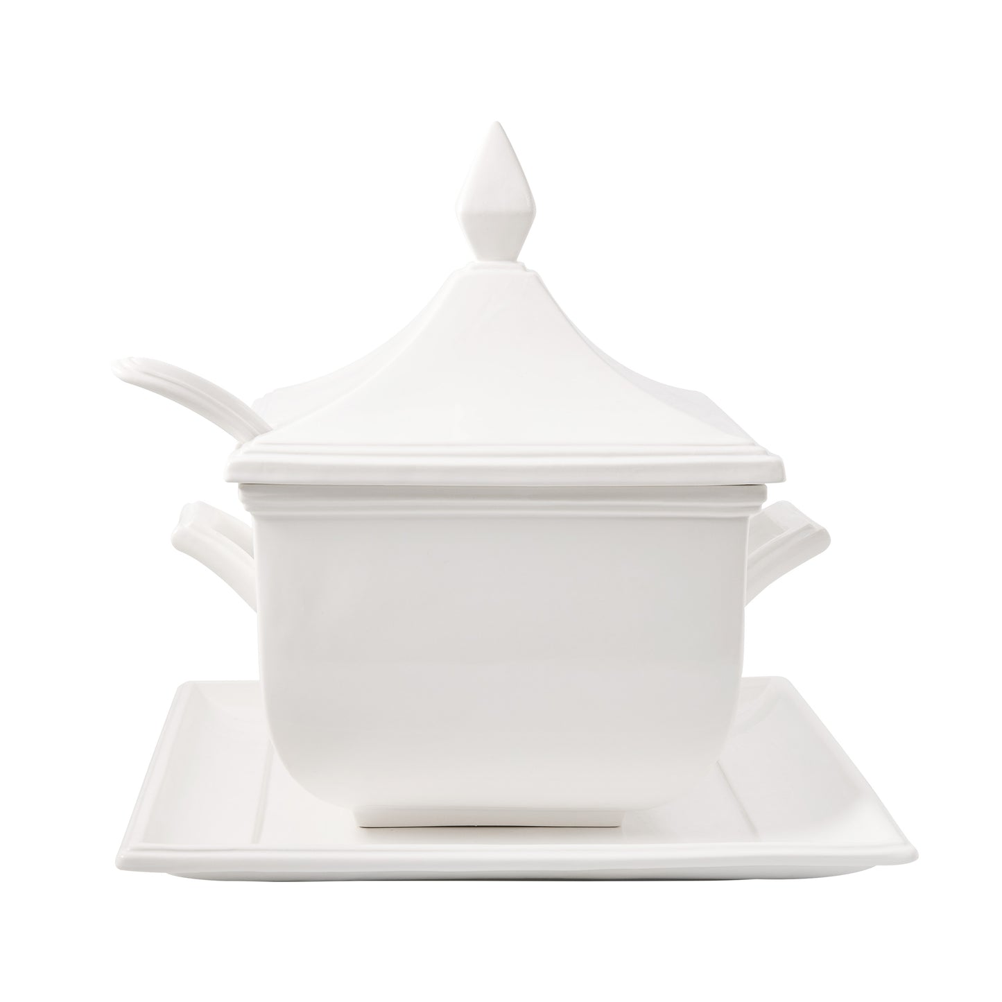 White ceramic Milano soup tureen with lid, handles, and serving spoon on a rectangular tray.