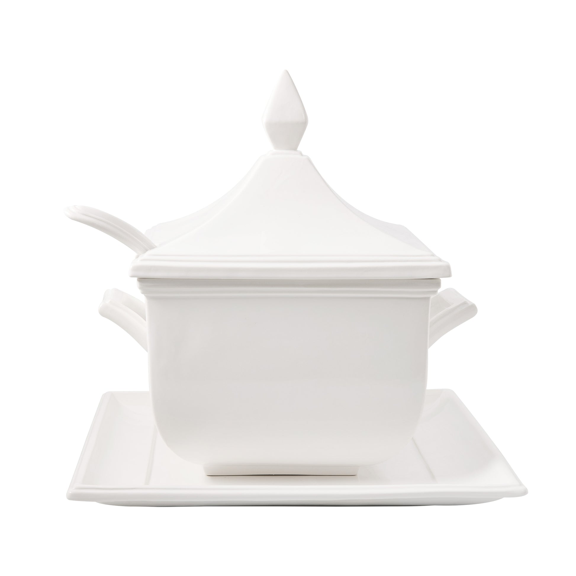 White ceramic Milano soup tureen with lid, handles, and serving spoon on a rectangular tray.