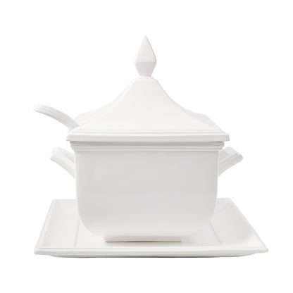 White ceramic Milano soup tureen with lid, handles, and serving spoon on a rectangular tray.