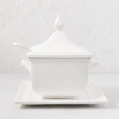 Milano white ceramic soup tureen with lid, handles, and serving spoon on a rectangular tray.