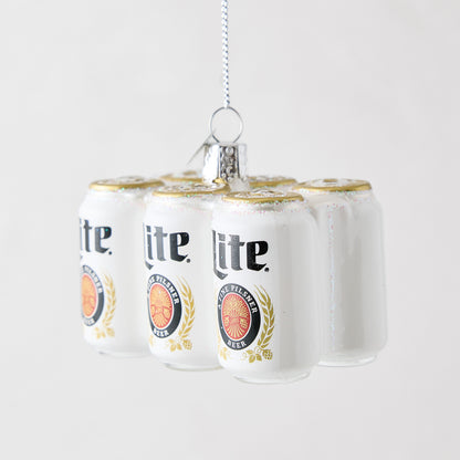 Hand-painted glass Miller Lite six-pack beer can ornament with glitter accents and a silver hanging loop.