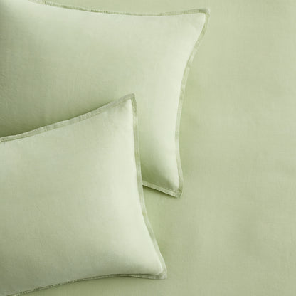 Set of two mint green European washed linen euro shams with a soft, textured finish and flange border detail.