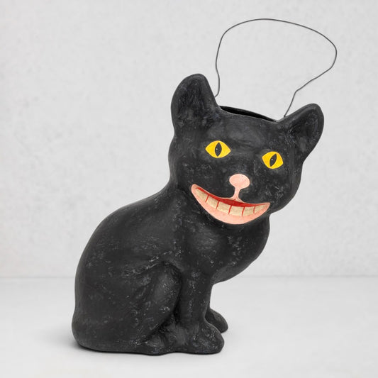 Hudson Grace black papier-mache cat Halloween candy bucket with a vintage distressed finish and wire handle.