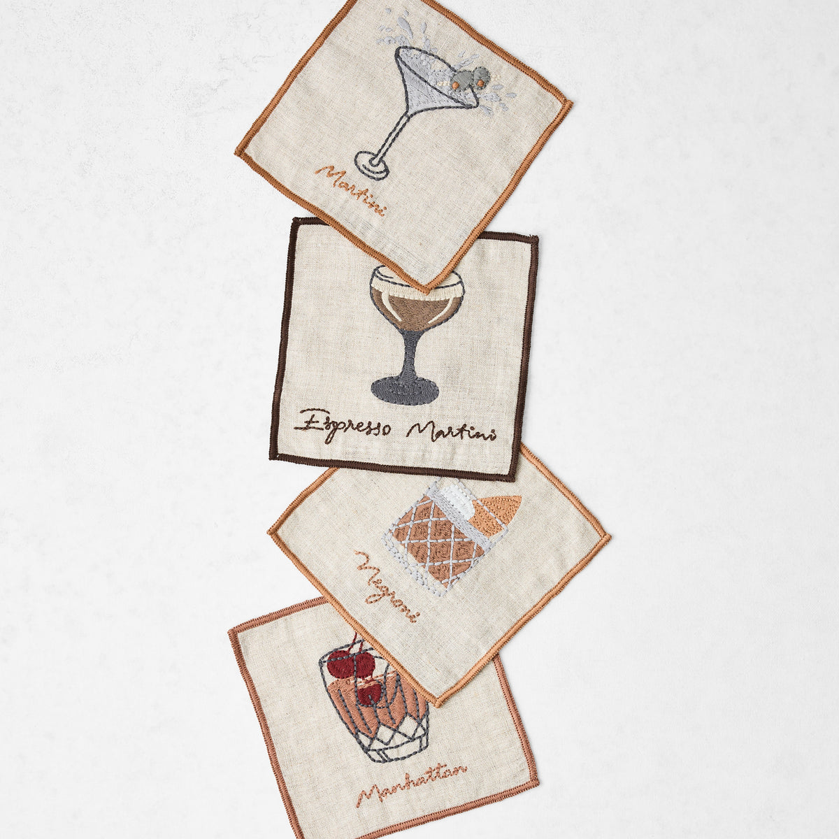 Mixed Cocktail Embroidered Linen Coasters, Set of 4