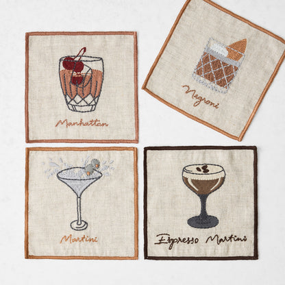Mixed Cocktail Embroidered Linen Coasters, Set of 4