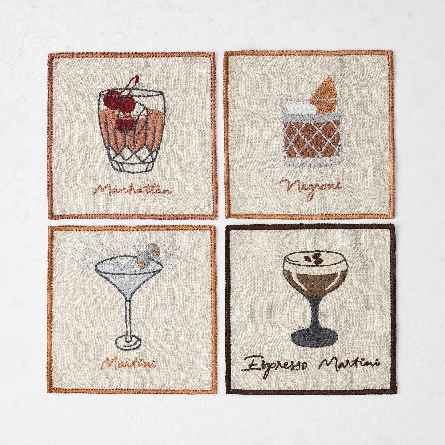 Mixed Cocktail Embroidered Linen Coasters, Set of 4