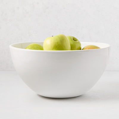 HG Modern Large Ceramic Serve Bowl, white, 14"Dia, with green apples.